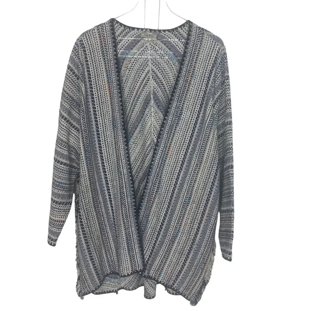 Lucky Brand Open Front Cardigan Sweater 1X Blue Beige Cotton Boho Southwestern